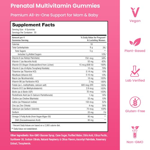 Prenatal Vitamin Gummies with DHA | Vegan Prenatal Vitamins for Women with Omega 3, Methylfolate, Choline & D3, Pregnancy Vitamins for Fetal Development | Gummy Multivitamin Supplement, 120 Count