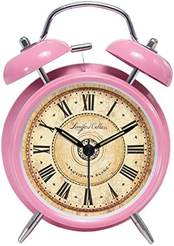 Foyou Retro Metal Analog Quartz Silent Twin Bell Alarm Clock with Nightlight and Loud Alarm ( Roman Numerals, Pink )