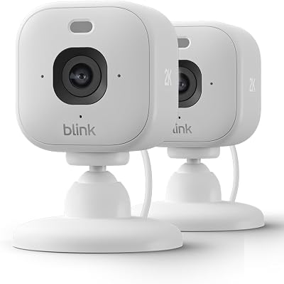 Videocamera Mini 2K+ Blink (ultimo modello) | Videocamera di sicurezza domestica con alimentatore plug-in, risoluzione video 2K, zoom 4x, visione notturna a colori | 2 videocamere – Bianche