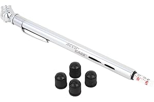 Accu-Gage Pencil Tire Pressure Gauge (10-75 PSI) Heavy Duty Stainless Steel High Pressure Gauge Single Head Air Chuck wi/Built-in Deflator, 4 Replacement Tire Valve Caps