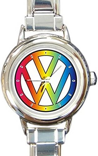 Colorful Love VW Logo Design Round Italian Charm Watch with Stainless Steel 16 Link Wrist Strap Rainbow Volkswagen
