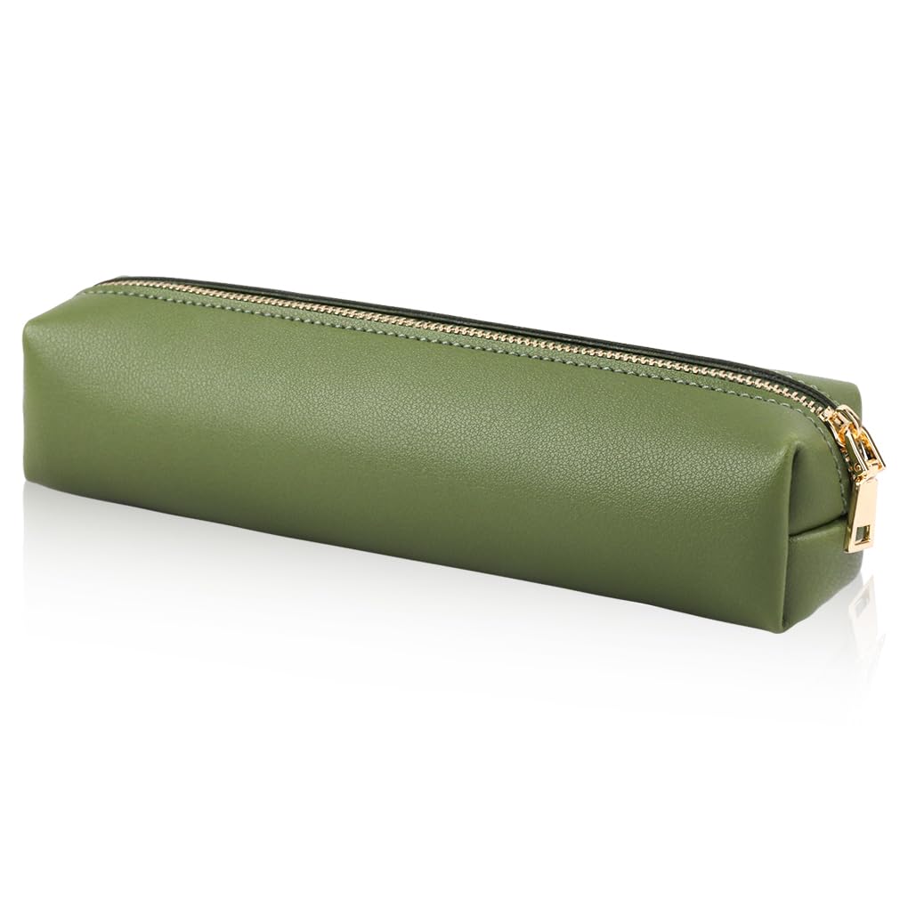 Oyachic Pencil Case PU Leather Cosmetic Makeup Bag Work Small Pen Pouch Zipper Storage Box Adults Desk Organizer Pens,Pencils,Markers (Green)