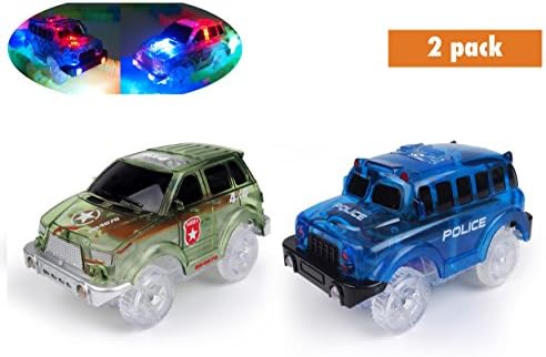 Light Up Toy Car Green Military Jeep and Blue Police Car 2 Pack with 5 LED Lights Compatible with Most Tracks Including Magic Track for Boys and Girls