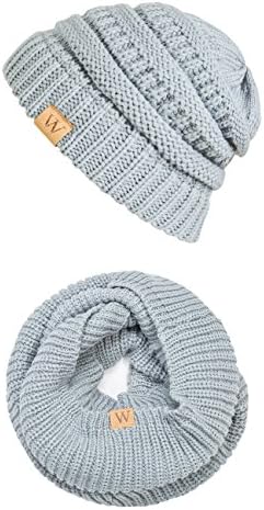 EVRFELAN Winter Warm Knitted Infinity Scarf and Beanie Hat Set (Gray)