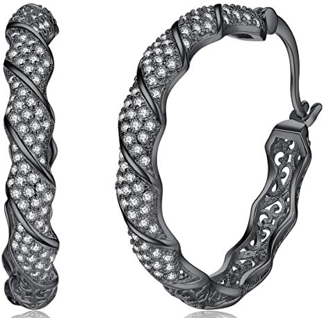 Wiw Sterling Silver 18K Gold Plated Cubic Zirconia Inside-Out Twisted Round Hoop Earrings for Women Jewelry Black