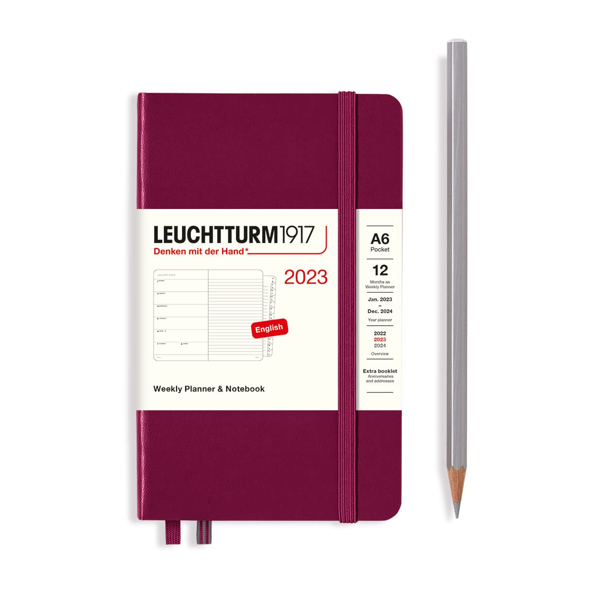 LEUCHTTURM1917 365895 Weekly Calendar & Notebook Pocket (A6) 2023, 12 Months, Port Red, English