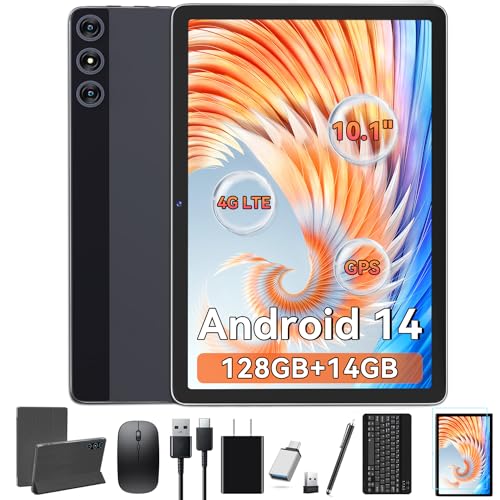 Tablet 10.1 Inch Android 14, Octa-Core 5G WiFi, 4G Cellular(T-Mobile), 128GB ROM 14GB RAM, 2025 Latest Tab with Keyboard Bundle 1TB Expand Android Tablet 13MP+8MP Dual Camera, GPS Unlocked HD Display