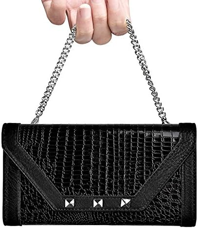 iPhone 7 Plus 5.5” Wallet Case, Studded Folio Crossbody (Wristlet) Wallaet, Four Card Slots, Folio Pocket, Detachable Crossbody Strap and Chain Wristlet Strap, Bi-Cast Leather, Rear Pocket, Black