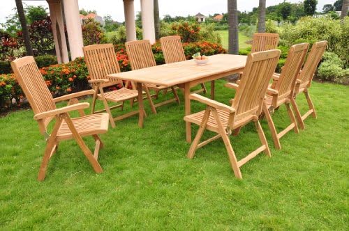 8 Seater Grade-A Teak Wood 9pc Dining Set: 94" Double Extension Rectangle Table and 8 Marley Reclining Arm Chairs #TSDSMRb