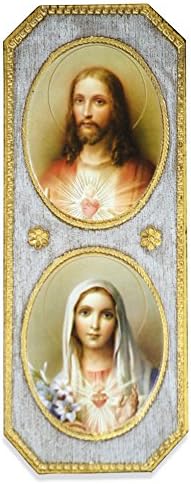 Sacred Hearts of Jesus and Mary Wall Panel with Gold Border and Wall Hook - Made in Italy