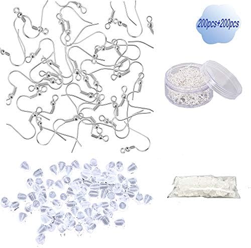 QLINLEAF 200PCS Hypoallergenic Spring Surgical Stainless Steel Earring Hooks & 200pcs Earring Backs for Jewelry Making DIY (Silver).