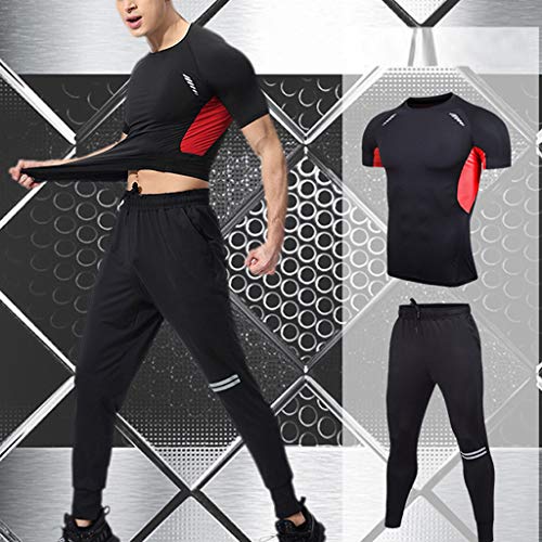 iYBUIA Men's Sports Elastic Fitness T-Shirt Suit Fast Drying Tops Long Pants Tight Suit Red
