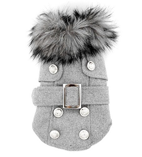 SELMAI Woolen Small Dog Coat Fur Collar Puppy Cat Dog Clothes for Winter Gray L