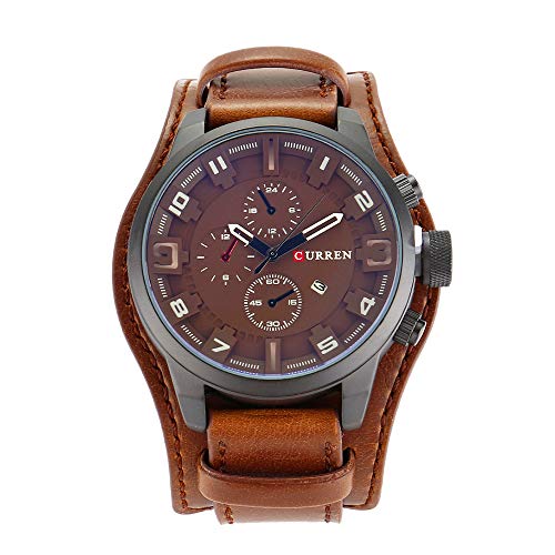 Curren Reloj de pulsera deportivo para hombre, mecanismo de cuarzo, calendario, esfera grande, correa de piel