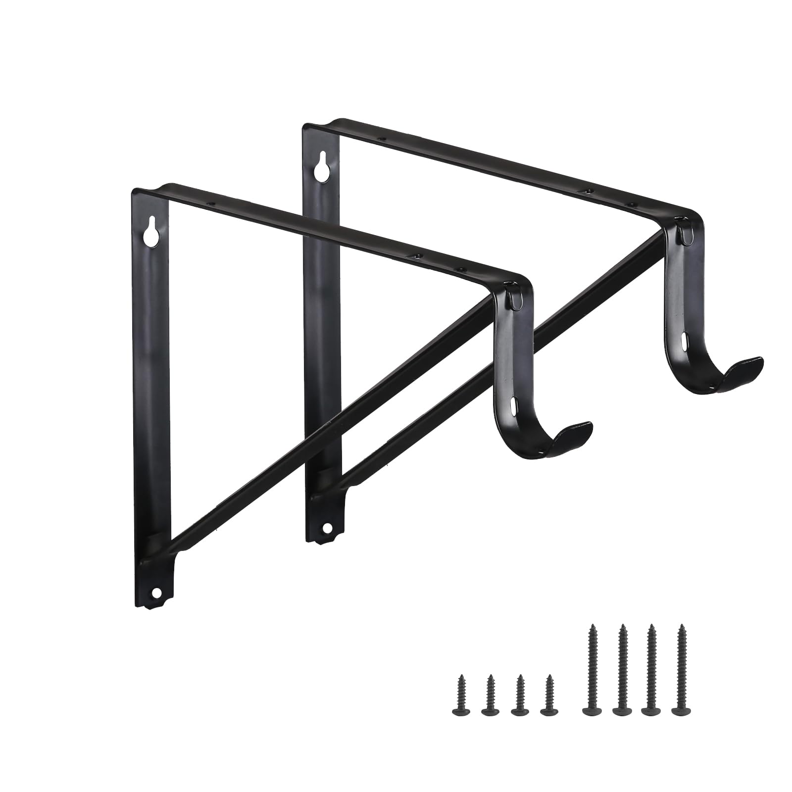 HOME MASTER HARDWARE Heavy Duty Closet Rod Brackets 2 Pack, Wall Mounted Shelf Bracket with Rod Shelving Support, 11 x 9.5 in Shelves Support Brace with Hook Black with Screws
