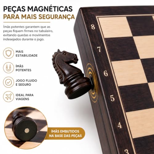 Jogo de Xadrez Magnético em Madeira Dobrável Premium 29cm | Tabuleiro Portátil com Armazenamento Interno | Peças Magnéticas | Jogo de Estratégia para Crianças e Adultos.