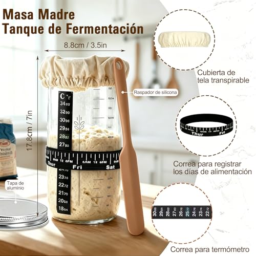 Kit de inicio de masa madre, Suministros para Hornear Pan de Masa Madre, Incluye 2 cestas de fermentación, Manual, Tarro, Espátula, Cuchillas, Bolsas y Más, Regalos de repostería