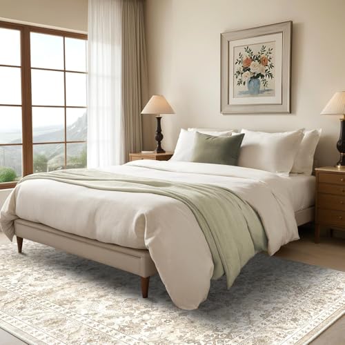 HOMFINE Beige Vintage Living Room Rug, 160 x 230 cm – Machine Washable Non-Slip Short Pile Soft Large for Living Room, Bedroom, Dining Room, Hallway