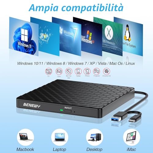 USB 3.0 & Type C External Drive Writer Reader CD/DVD Player -/+RW for Laptop, Laptop, Desktop, Macbook Air/Pro for Windows 11/10/8.1/7/XP/Vista/Linux/MacOS Black