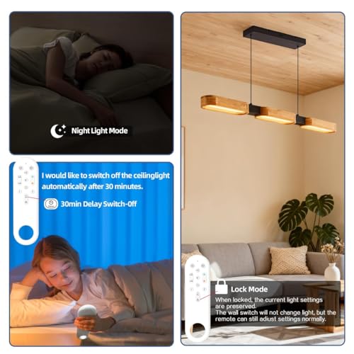Epochglo Modern Wooden Kitchen Chandelier 90cm LED Lamp for Dining Room and Kitchen Island Dimmable 3000K-6500K with Remote Control and Memory Function