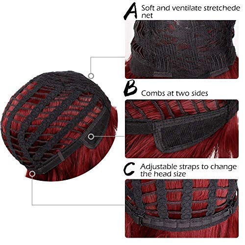 Short Bob Wig With Bangs Red Natural Wave Synthetic Wig Heat Resistant Fiber Wig Wet And Wavy 14 Inch Shoulder Wig With Bangs