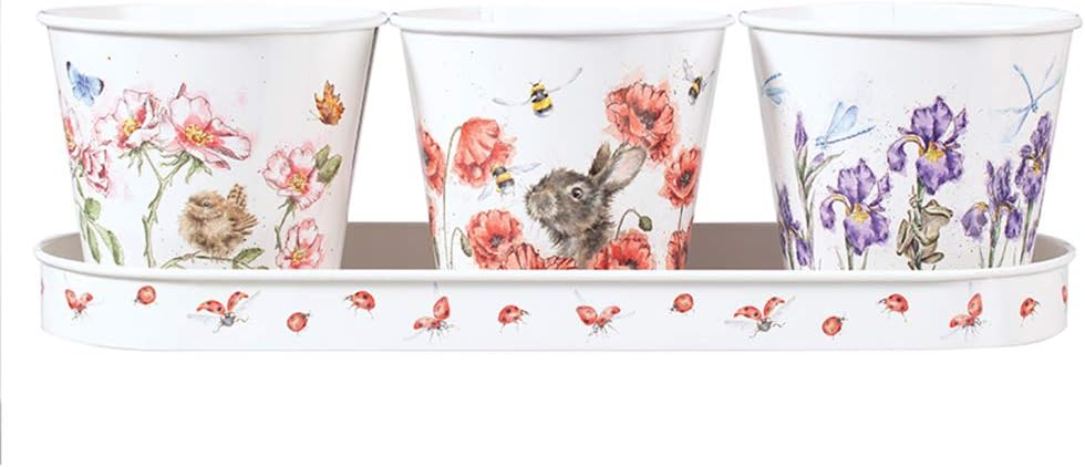 Wrendale Designs - 'Floral' Herb Pots and Tray, White, 33 x 11 x 2.5 cm