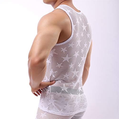 Appoi Men's Vest Underwear Fishnet See Through Muscle Workout Mesh Tees Clubwear Tank Top Vest (White, L)