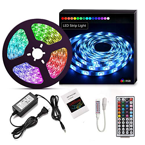 Suyoo LED Strip Light Kit 16.4ft/5m Flexible Color Changing RF Remote Led Lights Strips 5050 RGB Rope Light with 44 Key Controller 12V2A Power Supply（US Plug