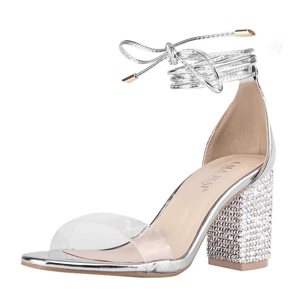 Buy Women's Heels Sandals with Rhinestone Strappy Open Toe Clear Block