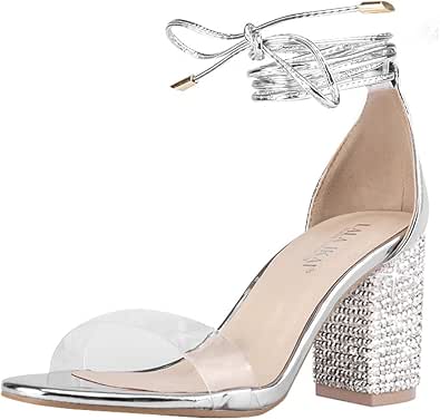 Amazon.com: Sandalias de tacón para mujer con tiras de diamantes de  imitación, puntera abierta, bloques transparentes, zapatos de tacón medio,  para fiesta, boda : Ropa, Zapatos y Joyería