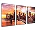 Canvas Painting Wall Art Decor New York City Skyline Sunset Framed Ready to Hang - 3 Panels Printed Artwork 60 inch Wide Skyscrapers River Bridge Road Painting For Home Living Room Decoration