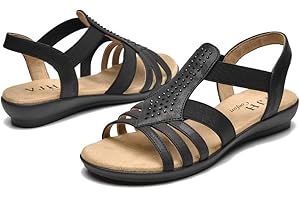 VJH confort Women's Flat Sandals, Comfort Elastic Slip-on Light Weight Slingback Casual Walking Sandals with Rhinestone