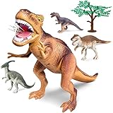 Discovery Kids 5 Piece T-Rex Dinosaur Collection Toy Set, Features 15 Inch Tyrannosaurus Rex Figure, Real Life Roar Sound Effects W/ Action Arm, Raptor Included, an Educational Gift for Children