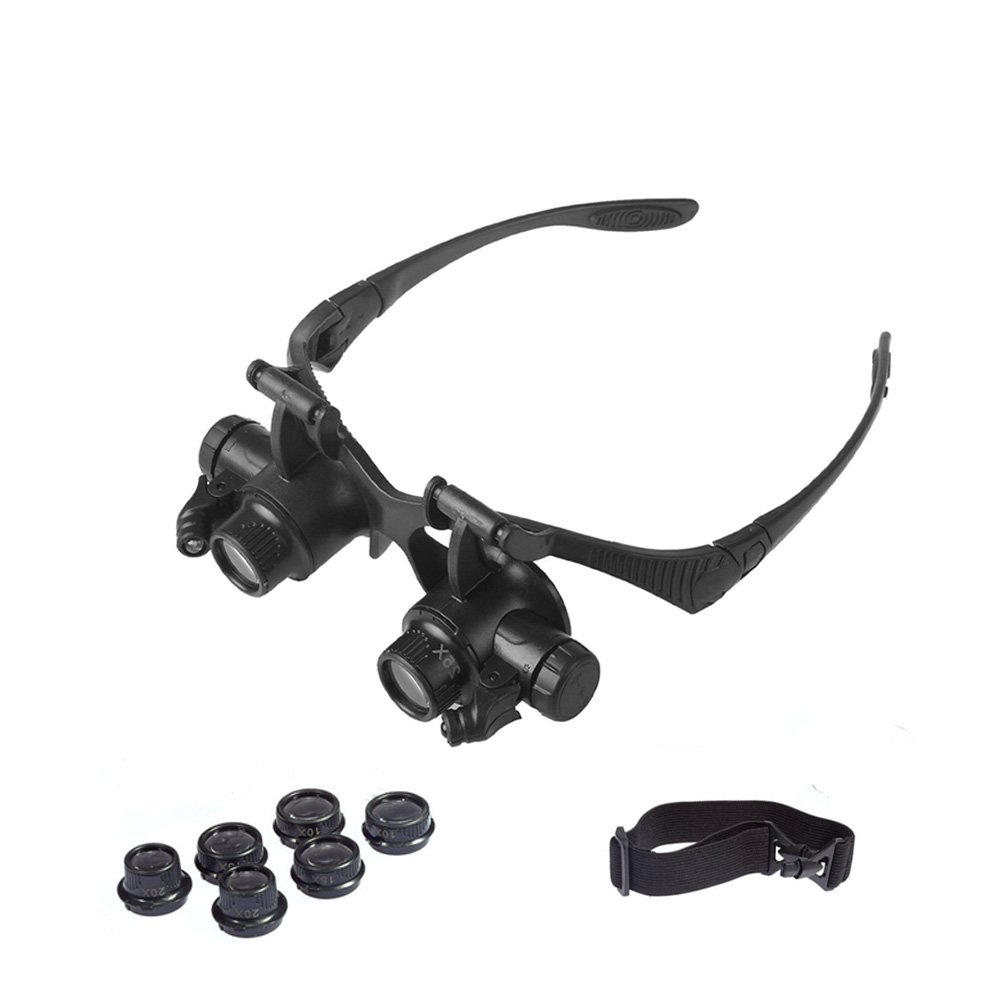 Onerbuy LED Illuminated Watch Repair Magnifier Double Eyes Jewelry Magnifying Loupe Head-Worn Visor Glasses with 4 Lenses 10X 15X 20X 25X (Higher Lense)