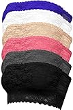 TL Women's Full Floral Lace Strapless Seamless Stretchy Bandeau Tube Bra Top SET6-BLK_WHT_CHA_BLU_COR_LBE XL