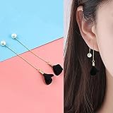Women Fashion Gold Silver Plated Crystal Flower Drop Dangle Long Chain Earrings ERAWAN (Black)
