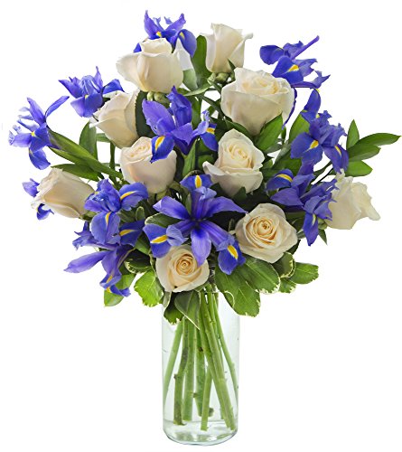 Perla Iris Mixed Bouquet of White Roses, Blue Irises, and Lush Greens with Vase