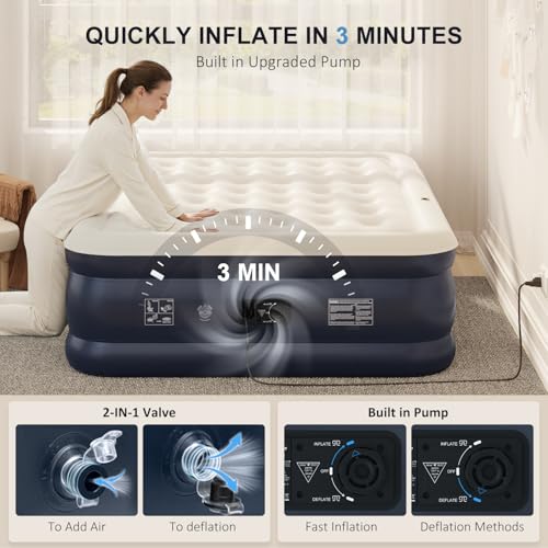 NALONE Matelas Gonflable 2 Personnes Electrique, Lit Gonflable Autogonflant 203x152x45cm, Pompe Électrique Intégrée avec Dossier Amovible (2 Personnes)