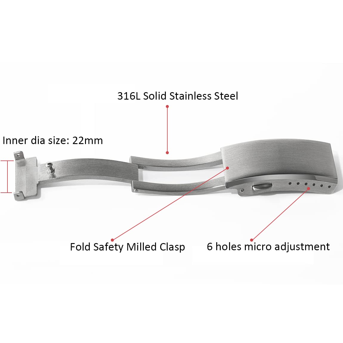 watchdives Watch Buckle 22mm Silver Fold Safety Milled Clasp Replacement Stainless Steel Watchband Clasp