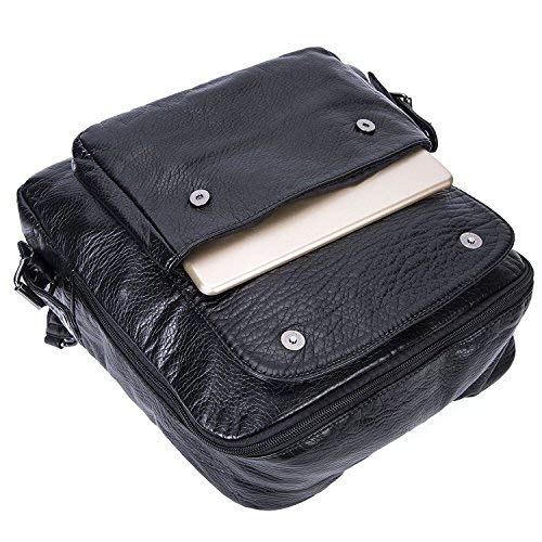 Bolsos de hombro Impermeable Mochila para mujeres Cuero PU suave lavado Bandolera Vintage Señoras-Negro1