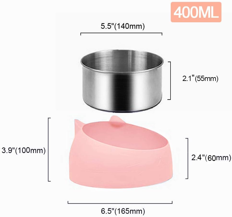 Stainless Steel pet Bowl, cat Bowl and Dog Bowl are Suitable for Cats/Dogs to Feed Food and Water, Long-Lasting Preservation, 15° tilt to Protect The pet's Cervical Spine (Pink, 400ml) : Pet Supplies