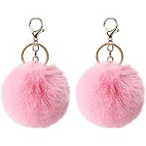Juroicessry 2 Pcs Pink Cute Pompom Keychains Fluffy Faux Fur Ball Keychain Artificial Faux Rabbit Fur Keychain Fluffy Plush Ball Bag Hanging Pendant Purse Charm Key Holder Women Accessories