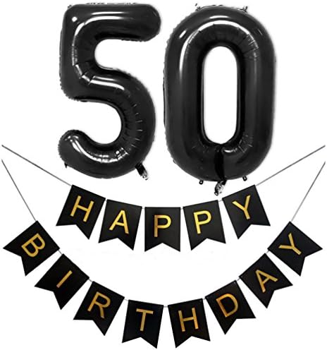 KEYYOOMY 40 in Number 50 Balloons Black 50 Number Balloons with Happy Birthday Banner for 50 Birthday Party Decorations