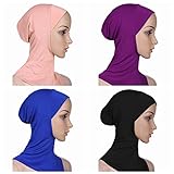 Ksweet 4pcs Lightweight Elastic Hijab Caps Full Cover Hijab Bonnet Islamic Scarf for Women Turban (Black+Blue+Purple+KQ)