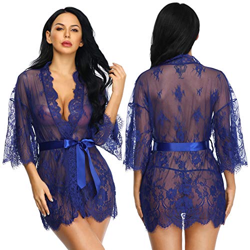 LALAVAVA Women Sexy Robe Lingerie Set Lace Flower Kimono Babydoll Short Nightgown (Blue, M)