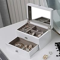 YOURLITE 2-Drawer Wooden Jewelry Box, Jewelry Organizer with Mirror for Women Girls, White