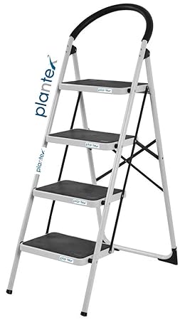 Plantex High Grade Heavy Steel Folding 4 Step Ladder for Home - 4 Wide Anti Skid Steps (Black & Silver)