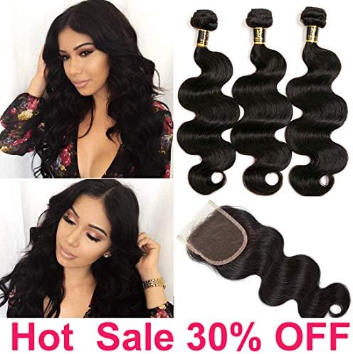 Yavida Weave Bundles with Closure Brazilian Body Wave 3 Bundles with Closure Virgin Brazilian Human Hair with Closure Free Part Natural Black Color 20 22 24+18 Inch