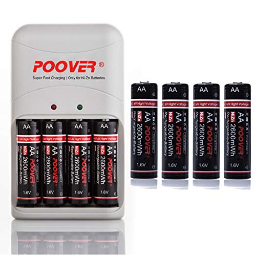 Rechargeable AA Batteries,POOVER 1.6V Pre-charged Double A battery 2600mWh Ni-Zn with Charger