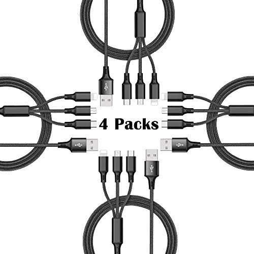 QIKIQI 4 Packs 4ft 3 in 1 Charger Cord Multi USB Charging Cable Multiple USB Fast Charger Cords Nylon Braided USB to Type C/Micro USB Plug Compatible with All Phones (Black)